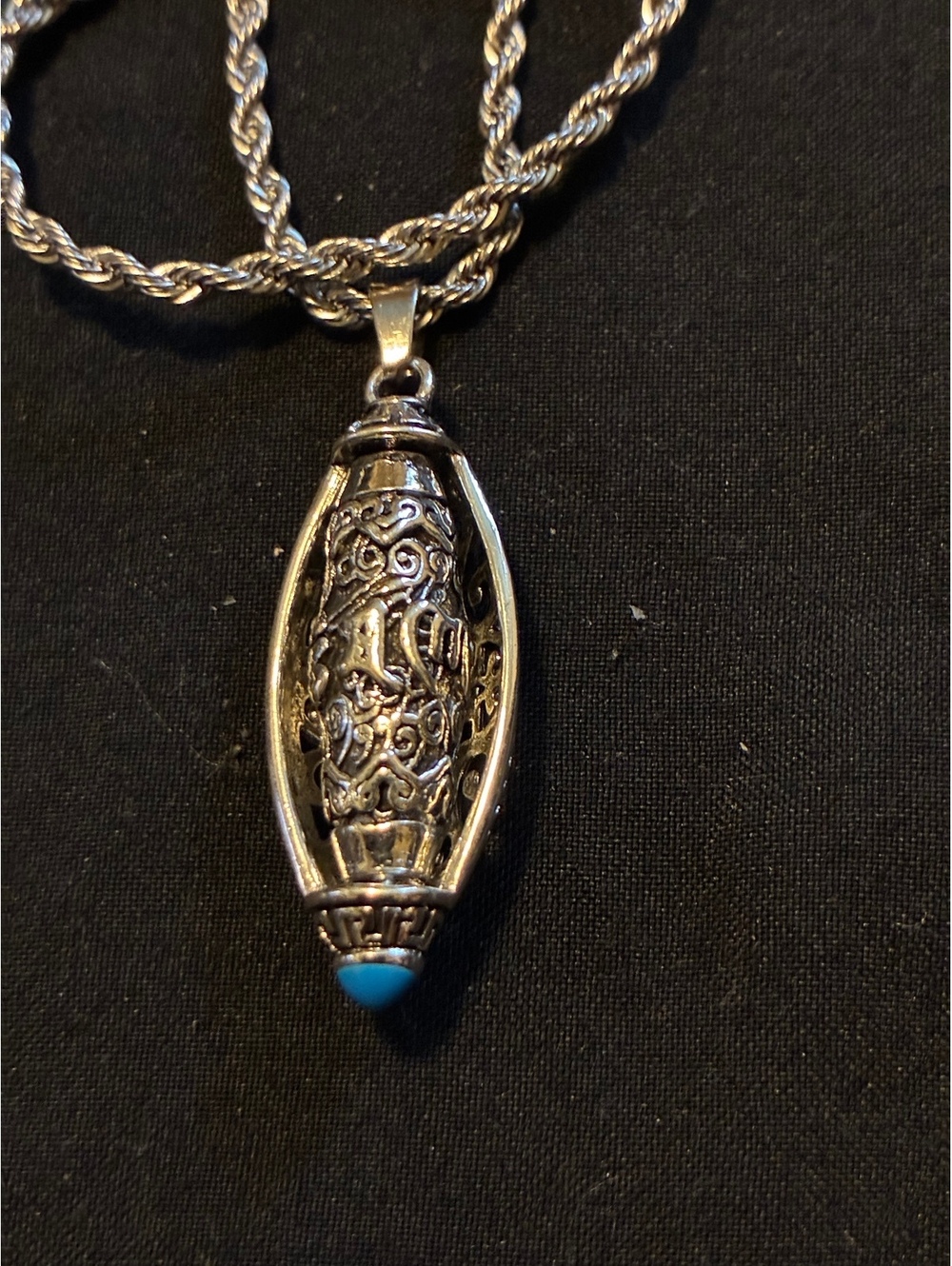 Silver Tone Tibetan Spinning Prayer Wheel Pendant Turquoise Accent 22”